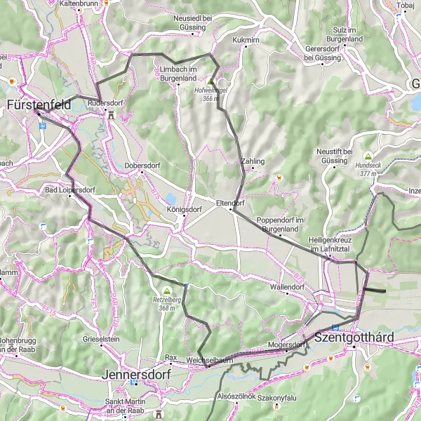 Miniature de la carte de l'inspiration cycliste "Parcours Road de 57 km près de Fürstenfeld" dans la Steiermark, Austria. Générée par le planificateur d'itinéraire cycliste Tarmacs.app