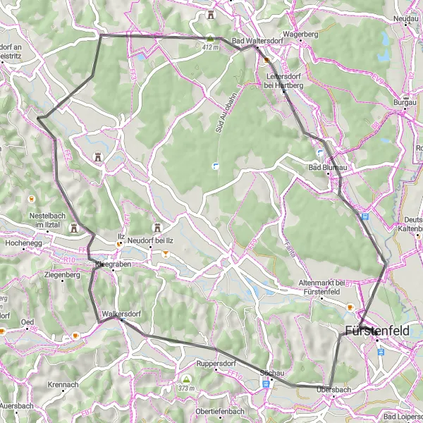 Miniatura della mappa di ispirazione al ciclismo "Rotta ciclistica intorno a Fürstenfeld" nella regione di Steiermark, Austria. Generata da Tarmacs.app, pianificatore di rotte ciclistiche