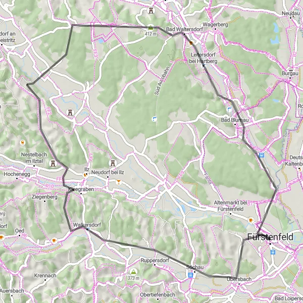 Zemljevid v pomanjšavi "Söchau - Pfeilburg Road Cycling Route" kolesarske inspiracije v Steiermark, Austria. Generirano z načrtovalcem kolesarskih poti Tarmacs.app