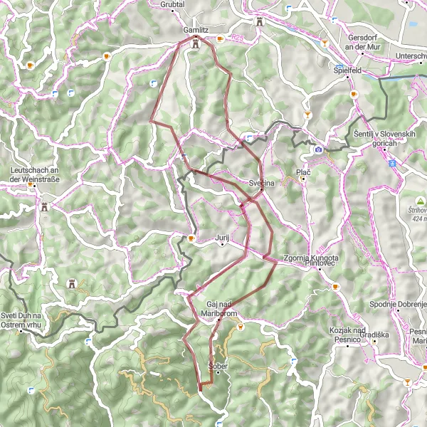 Miniatura della mappa di ispirazione al ciclismo "Esplorazione Collinare in Gravel tra Paesaggi Sereni" nella regione di Steiermark, Austria. Generata da Tarmacs.app, pianificatore di rotte ciclistiche