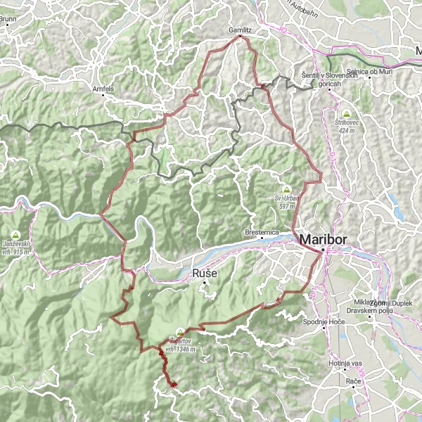 Miniatua del mapa de inspiración ciclista "Ruta de Grava a través de Gamlitz y Pohorje" en Steiermark, Austria. Generado por Tarmacs.app planificador de rutas ciclistas