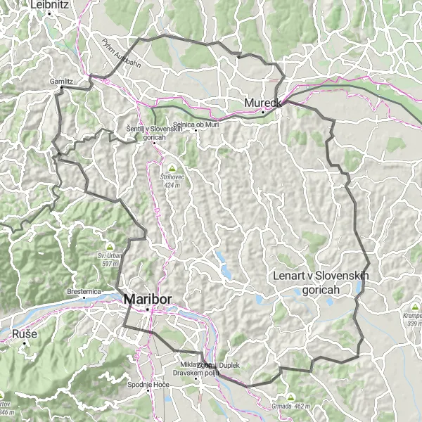 Miniaturní mapa "Cyklookruh kolem Gamlitzu přes Kamnici" inspirace pro cyklisty v oblasti Steiermark, Austria. Vytvořeno pomocí plánovače tras Tarmacs.app