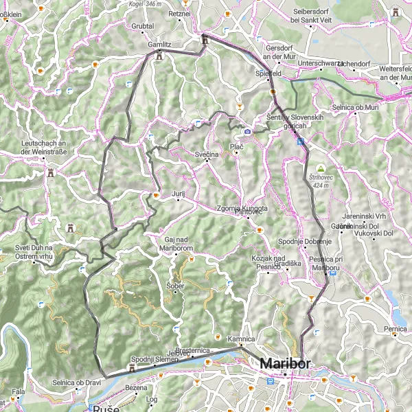 Miniatua del mapa de inspiración ciclista "Ruta de Carretera a través de Gamlitz y Maribor" en Steiermark, Austria. Generado por Tarmacs.app planificador de rutas ciclistas