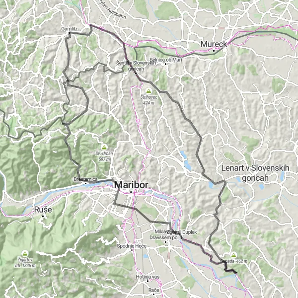 Map miniature of "Spielfeld Circular Road Adventure" cycling inspiration in Steiermark, Austria. Generated by Tarmacs.app cycling route planner