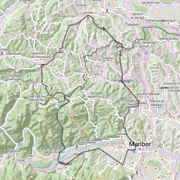 Miniaturekort af cykelinspirationen "Adventure Roadcykeltur ved Gamlitz" i Steiermark, Austria. Genereret af Tarmacs.app cykelruteplanlægger