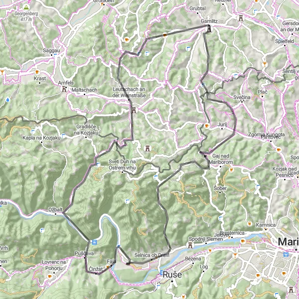 Miniaturní mapa "Výzva okolo Gamlitzu skrze Leutschach" inspirace pro cyklisty v oblasti Steiermark, Austria. Vytvořeno pomocí plánovače tras Tarmacs.app