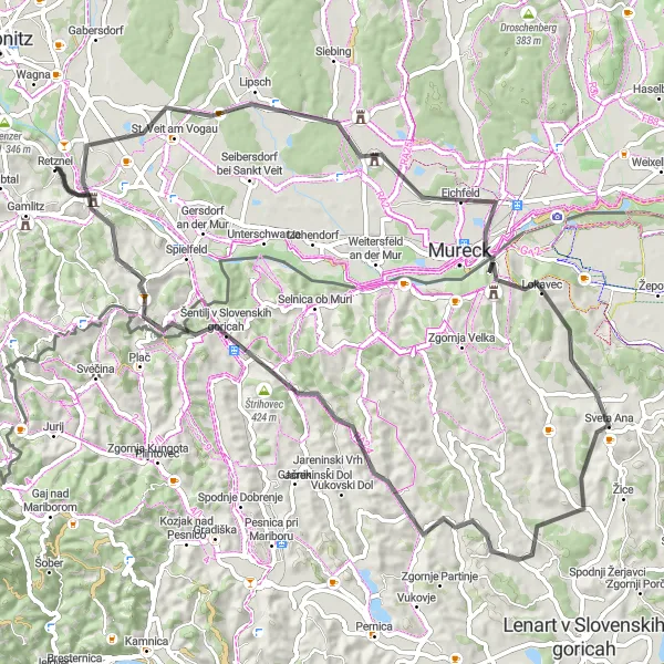 Kartminiatyr av "Rundtur i vinmarkene" sykkelinspirasjon i Steiermark, Austria. Generert av Tarmacs.app sykkelrutoplanlegger