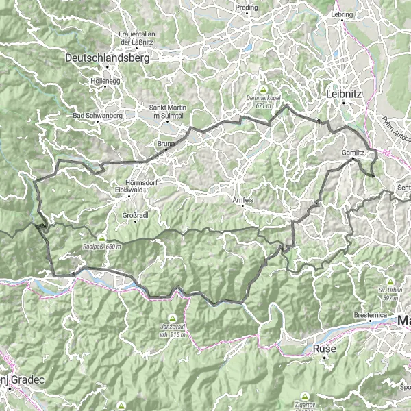 Miniatua del mapa de inspiración ciclista "Ruta de ciclismo por carretera por Gamlitz y alrededores" en Steiermark, Austria. Generado por Tarmacs.app planificador de rutas ciclistas