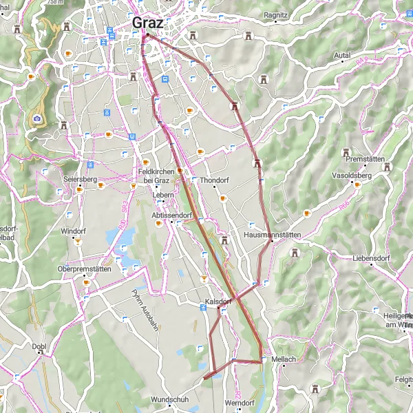 Mapa miniatúra "Gravelová cyklotrasa z Geidorfu" cyklistická inšpirácia v Steiermark, Austria. Vygenerované cyklistickým plánovačom trás Tarmacs.app