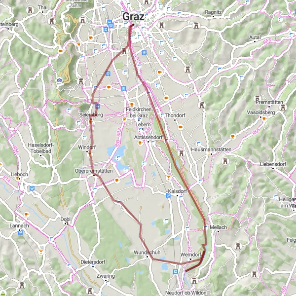 Miniatura della mappa di ispirazione al ciclismo "Giro panoramico nella campagna della Stiria con percorsi sterrati" nella regione di Steiermark, Austria. Generata da Tarmacs.app, pianificatore di rotte ciclistiche