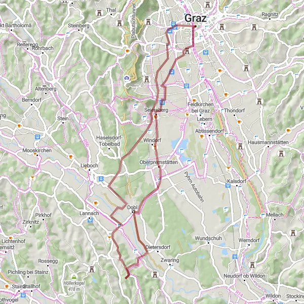 Miniatua del mapa de inspiración ciclista "Ruta por caminos de grava cerca de Geidorf" en Steiermark, Austria. Generado por Tarmacs.app planificador de rutas ciclistas