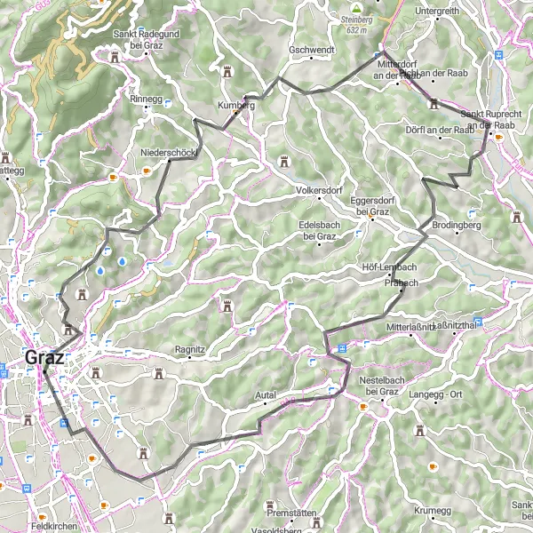 Miniature de la carte de l'inspiration cycliste "Tour panoramique de Geidorf" dans la Steiermark, Austria. Générée par le planificateur d'itinéraire cycliste Tarmacs.app