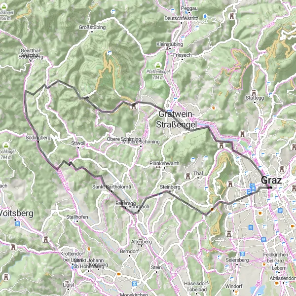 Miniatua del mapa de inspiración ciclista "Ruta de Ciclismo a la Murinsel" en Steiermark, Austria. Generado por Tarmacs.app planificador de rutas ciclistas