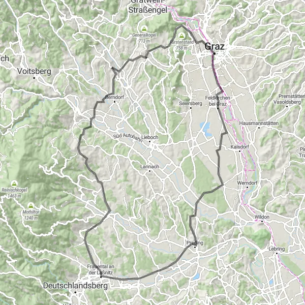 Zemljevid v pomanjšavi "Pomembna cestna kolesarska pot okoli Graza" kolesarske inspiracije v Steiermark, Austria. Generirano z načrtovalcem kolesarskih poti Tarmacs.app