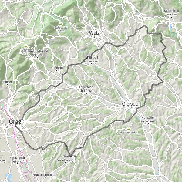 Miniatua del mapa de inspiración ciclista "Aventura en las Colinas de Graz" en Steiermark, Austria. Generado por Tarmacs.app planificador de rutas ciclistas