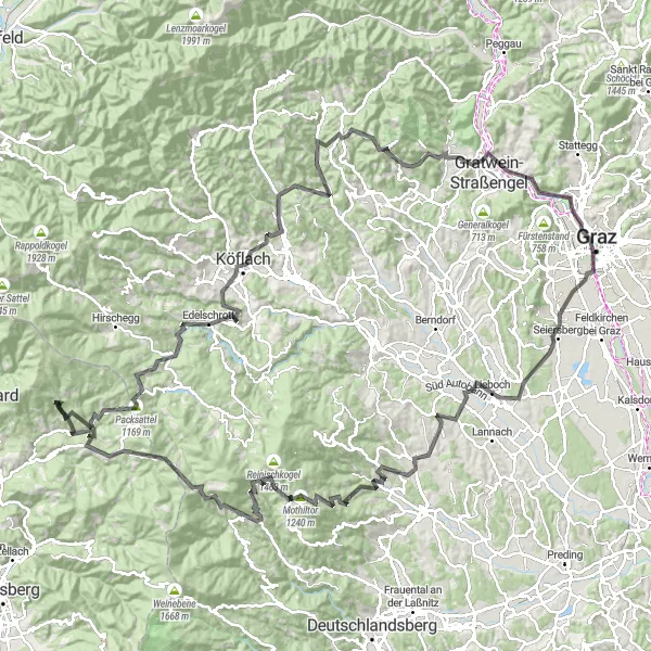Mapa miniatúra "Celodenný výlet okolo Geidorfu s mnohými zastávkami" cyklistická inšpirácia v Steiermark, Austria. Vygenerované cyklistickým plánovačom trás Tarmacs.app