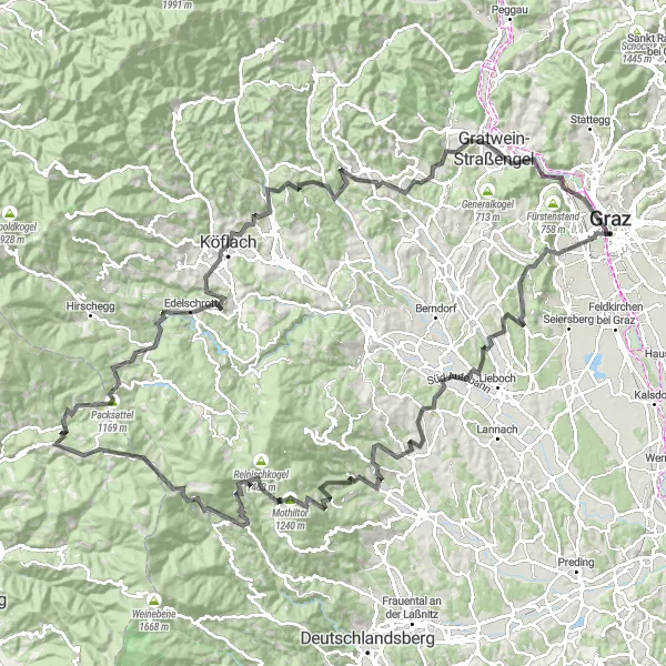 Miniatuurkaart van de fietsinspiratie "Avontuurlijke fietstocht door Steiermark" in Steiermark, Austria. Gemaakt door de Tarmacs.app fietsrouteplanner