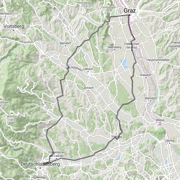 Map miniature of "Zettling and Schlossberg Cycling Adventure" cycling inspiration in Steiermark, Austria. Generated by Tarmacs.app cycling route planner