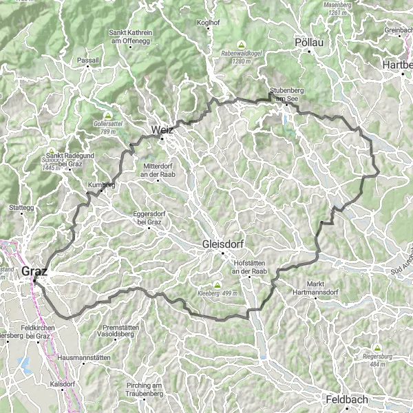 Map miniature of "Scenic Road Ride: Schlossberg to Jakomini" cycling inspiration in Steiermark, Austria. Generated by Tarmacs.app cycling route planner