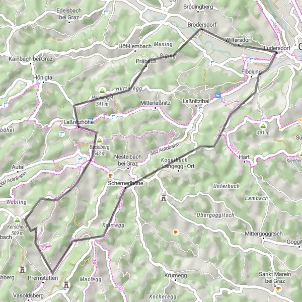 Mapa miniatúra "Pozdĺž viníc a vrchov" cyklistická inšpirácia v Steiermark, Austria. Vygenerované cyklistickým plánovačom trás Tarmacs.app
