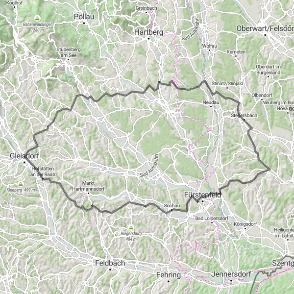 Miniaturní mapa "Náročná cesta kolem Gleisdorfu" inspirace pro cyklisty v oblasti Steiermark, Austria. Vytvořeno pomocí plánovače tras Tarmacs.app