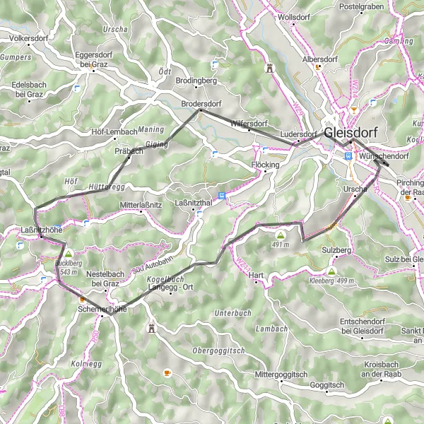 Zemljevid v pomanjšavi "Gleisdorf - View on the Schöckl Mountain - Gleisdorf" kolesarske inspiracije v Steiermark, Austria. Generirano z načrtovalcem kolesarskih poti Tarmacs.app