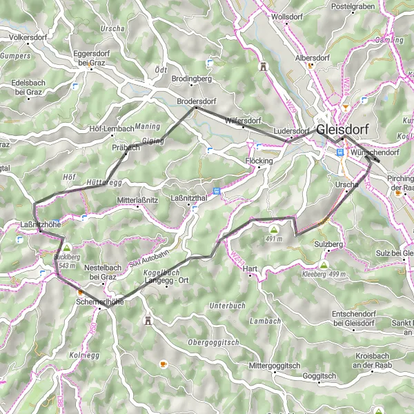 Miniaturekort af cykelinspirationen "Nestelbach bei Graz til Gleisdorf" i Steiermark, Austria. Genereret af Tarmacs.app cykelruteplanlægger