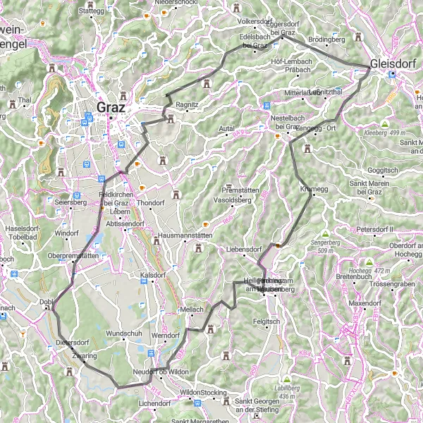 Miniaturekort af cykelinspirationen "Eventyrlige Stiermarken på Racercykel" i Steiermark, Austria. Genereret af Tarmacs.app cykelruteplanlægger