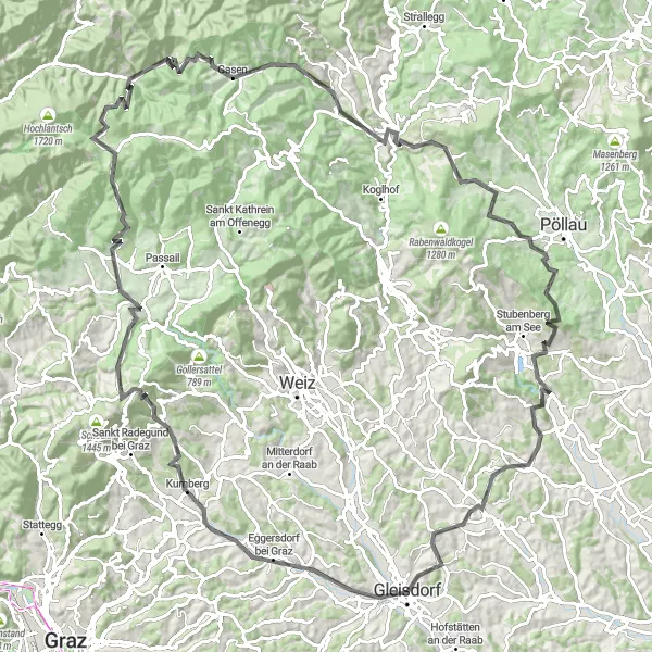 Map miniature of "Gleisdorf Loop" cycling inspiration in Steiermark, Austria. Generated by Tarmacs.app cycling route planner