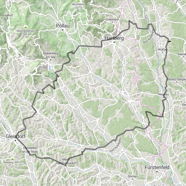 Miniature de la carte de l'inspiration cycliste "Le périple à travers les collines et les châteaux" dans la Steiermark, Austria. Générée par le planificateur d'itinéraire cycliste Tarmacs.app