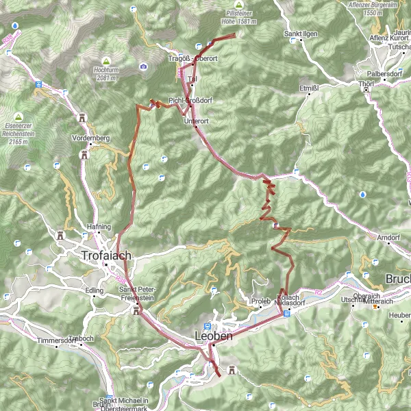 Map miniature of "Kalvarienberg and Leoben Gravel Route" cycling inspiration in Steiermark, Austria. Generated by Tarmacs.app cycling route planner