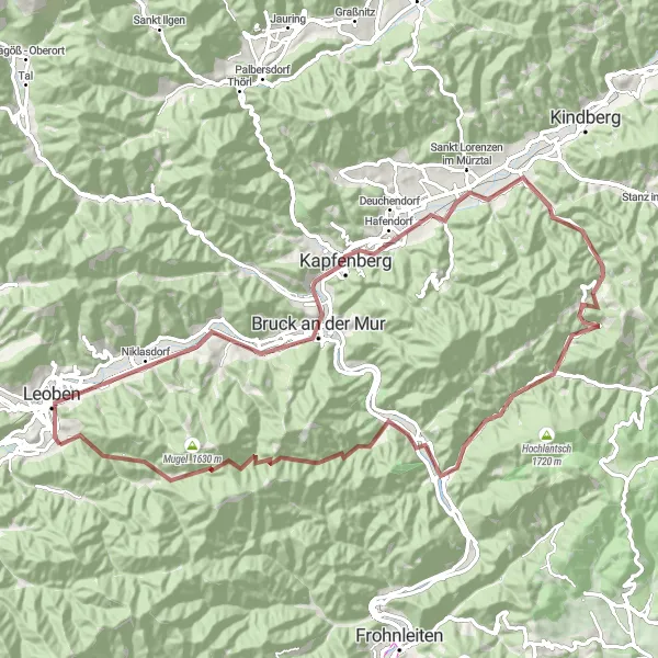 Mapa miniatúra "Gravelová cyklistická trasa okolo Göss" cyklistická inšpirácia v Steiermark, Austria. Vygenerované cyklistickým plánovačom trás Tarmacs.app