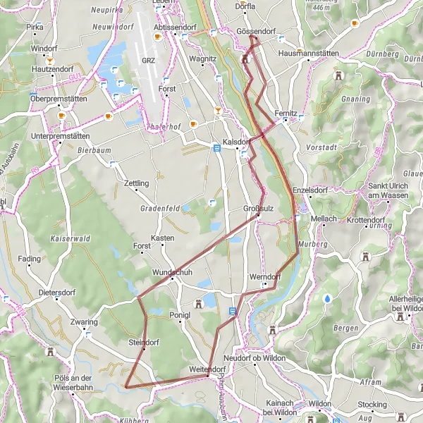 Miniaturekort af cykelinspirationen "Gruscykelrute fra Gössendorf" i Steiermark, Austria. Genereret af Tarmacs.app cykelruteplanlægger