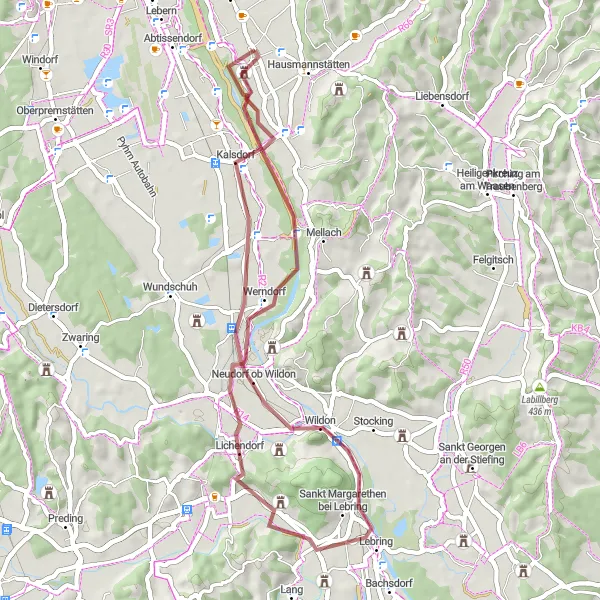 Zemljevid v pomanjšavi "Gorsko kolesarjenje v okolici Gössendorfa" kolesarske inspiracije v Steiermark, Austria. Generirano z načrtovalcem kolesarskih poti Tarmacs.app