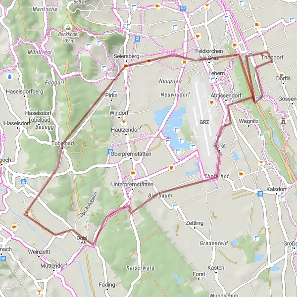 Mapa miniatúra "Okruh na štialovom bicykli Dobl - Mühlriegel - Seiersberg - Thondorf" cyklistická inšpirácia v Steiermark, Austria. Vygenerované cyklistickým plánovačom trás Tarmacs.app