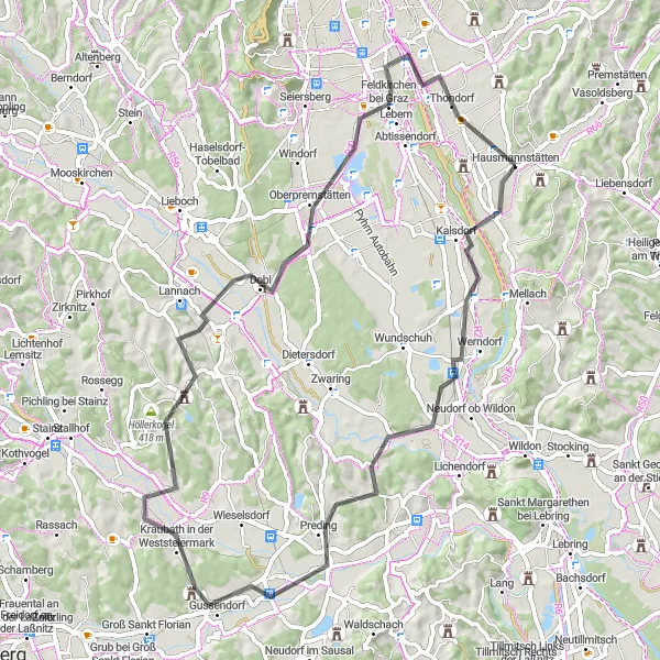 Kartminiatyr av "Werndorf - Steinbruchriegel - Preding - Höllerkogel - Sankt Josef (Weststeiermark) - Feldkirchen bei Graz - Gössendorf" cykelinspiration i Steiermark, Austria. Genererad av Tarmacs.app cykelruttplanerare