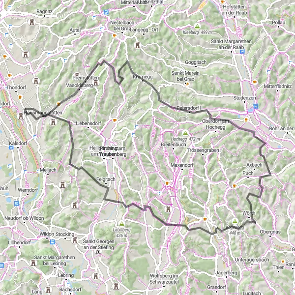 Miniaturekort af cykelinspirationen "Gössendorf til Sankt Ulrich am Waasen" i Steiermark, Austria. Genereret af Tarmacs.app cykelruteplanlægger