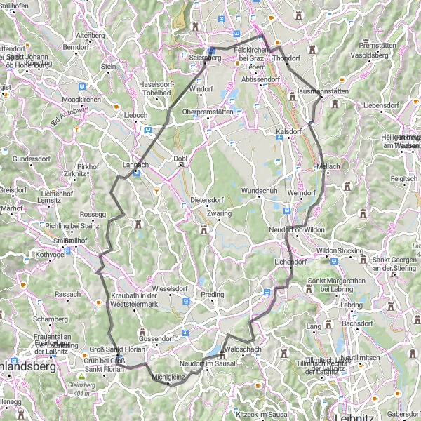 Map miniature of "Mellach and Spiegelkogel Adventure" cycling inspiration in Steiermark, Austria. Generated by Tarmacs.app cycling route planner