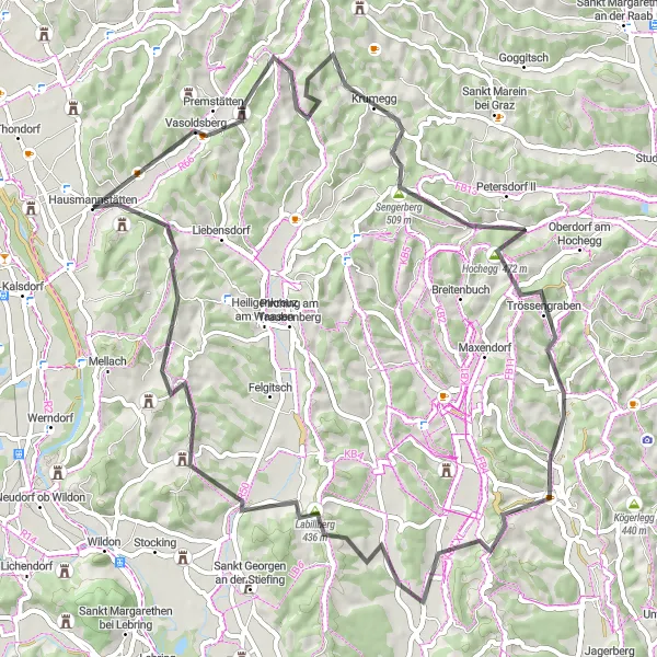 Miniatua del mapa de inspiración ciclista "Aventura en bicicleta por las colinas de Steiermark" en Steiermark, Austria. Generado por Tarmacs.app planificador de rutas ciclistas