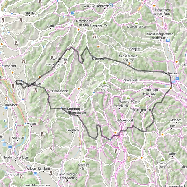 Mapa miniatúra "Jazda na ceste Gössendorf - Prüfingberg - Sankt Marein bei Graz - Studenzen - Hollerkogel - Hamberg - Heiligenkreuz am Waasen - Hühnerberg - Hausmannstätten" cyklistická inšpirácia v Steiermark, Austria. Vygenerované cyklistickým plánovačom trás Tarmacs.app