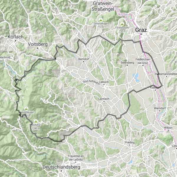 Mapa miniatúra "Okruh na ceste Gössendorf - Sankt Josef (Weststeiermark) - Höllerkogel - Weinbergwarte - Bad Gams - Schrogentor - Ruine Neu-Leonroth - Kobererkogel - Reiteregg - Forstkogel - Gries - Dörfla" cyklistická inšpirácia v Steiermark, Austria. Vygenerované cyklistickým plánovačom trás Tarmacs.app