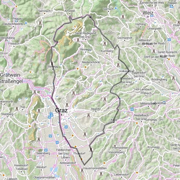 Miniatuurkaart van de fietsinspiratie "Graz-Schöckl Route" in Steiermark, Austria. Gemaakt door de Tarmacs.app fietsrouteplanner