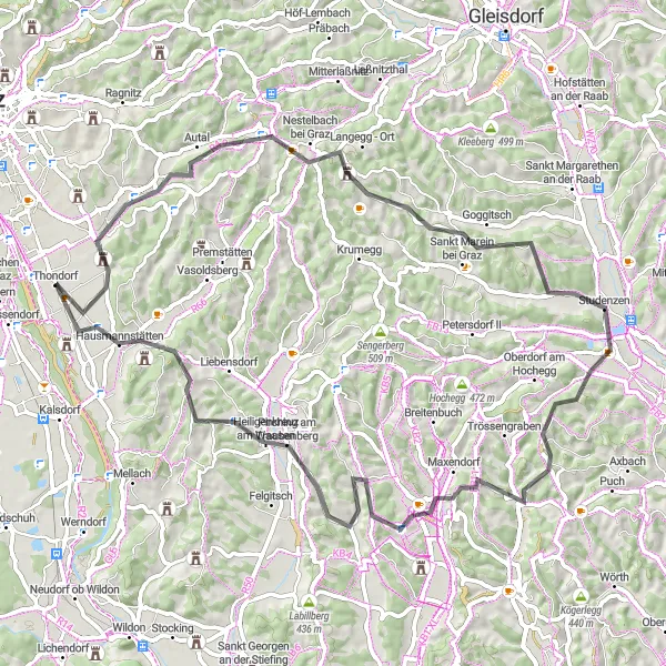 Kartminiatyr av "Historisk Landeveistur fra Gössendorf" sykkelinspirasjon i Steiermark, Austria. Generert av Tarmacs.app sykkelrutoplanlegger