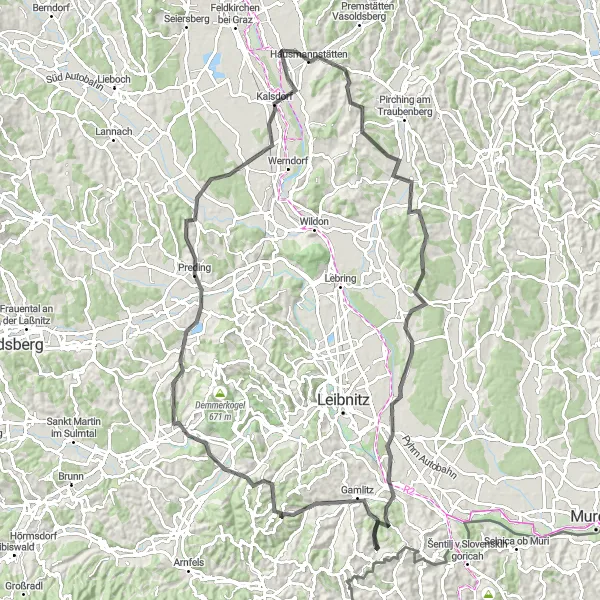 Karttaminiaatyyri "Panoramanäkymät ja historialliset nähtävyydet" pyöräilyinspiraatiosta alueella Steiermark, Austria. Luotu Tarmacs.app pyöräilyreittisuunnittelijalla