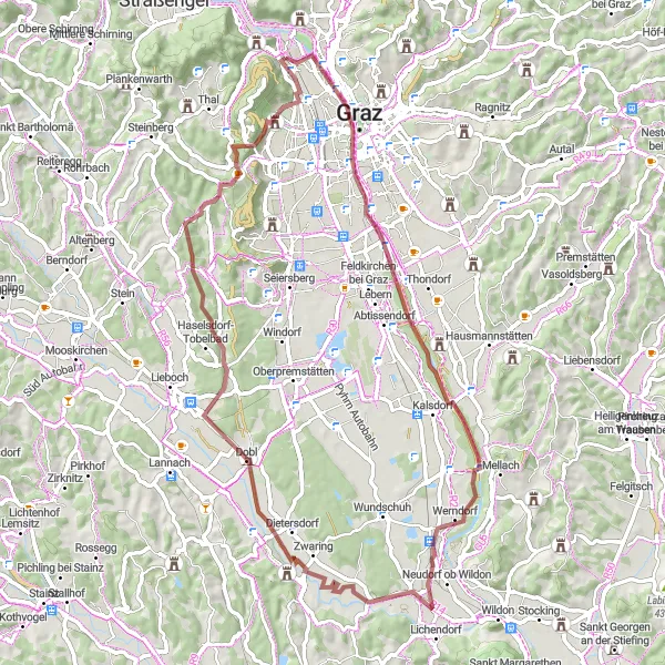 Mapa miniatúra "Gravelová cyklotrasa cez Wiedner-Platzl a Gaisbergsattel" cyklistická inšpirácia v Steiermark, Austria. Vygenerované cyklistickým plánovačom trás Tarmacs.app