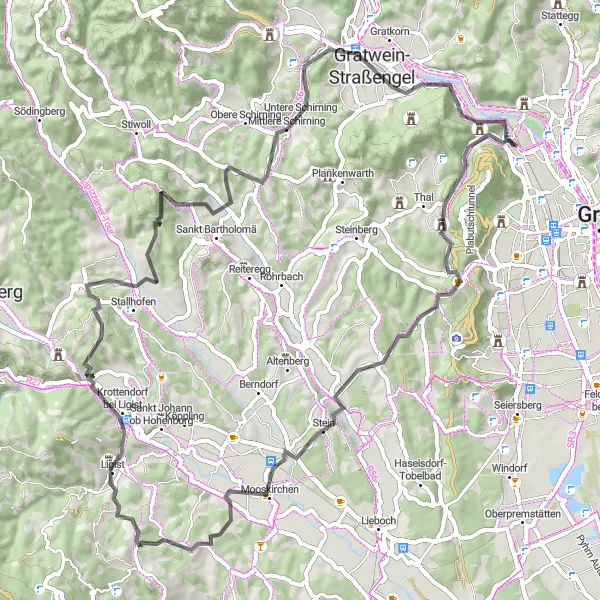 Miniatua del mapa de inspiración ciclista "Ruta del Castillo de Gösting" en Steiermark, Austria. Generado por Tarmacs.app planificador de rutas ciclistas