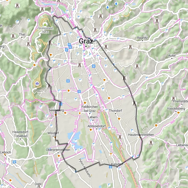 Miniatua del mapa de inspiración ciclista "Ruta de los Castillos y Miradores" en Steiermark, Austria. Generado por Tarmacs.app planificador de rutas ciclistas