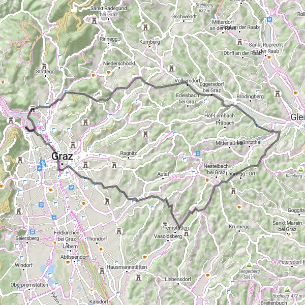 Kartminiatyr av "Sykling rundt Gösting og Hart bei Graz" sykkelinspirasjon i Steiermark, Austria. Generert av Tarmacs.app sykkelrutoplanlegger