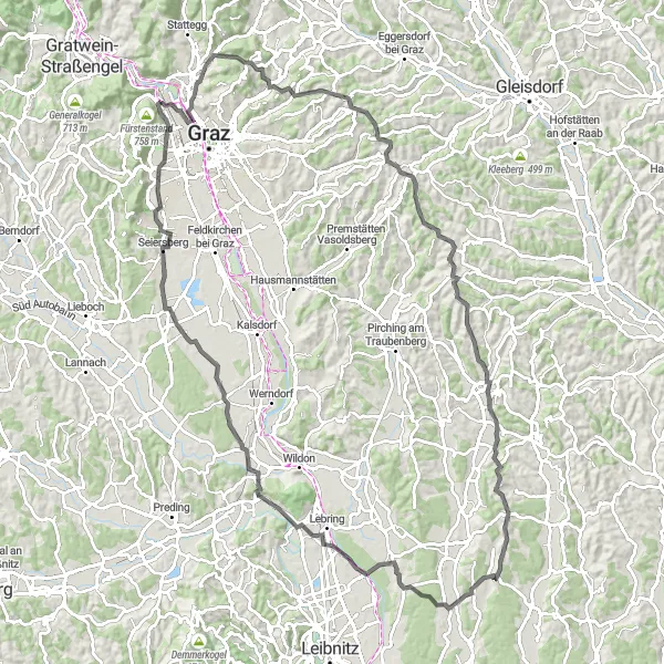 Miniatua del mapa de inspiración ciclista "Ruta de ciclismo por carretera desde Gösting" en Steiermark, Austria. Generado por Tarmacs.app planificador de rutas ciclistas
