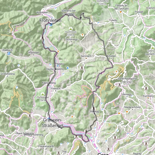 Miniatua del mapa de inspiración ciclista "Recorrido escénico por Gösting" en Steiermark, Austria. Generado por Tarmacs.app planificador de rutas ciclistas